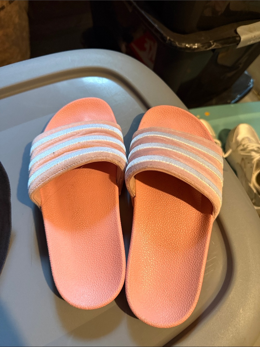 adidas Pink Coral Slide Sandals with White Stripes